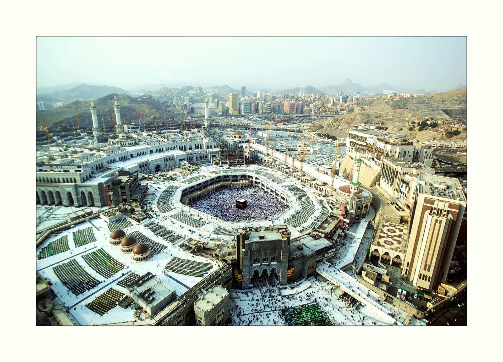 Aerial view of Masjid al-Haram and the Kaaba in Mecca